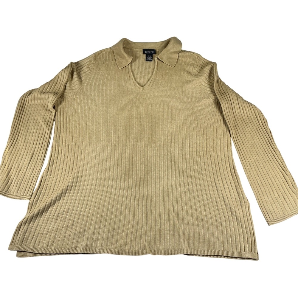 Lane Bryant Ribbed Sweater 14/16 Beige Collared V Neck Plus Size Top Long Sleeve